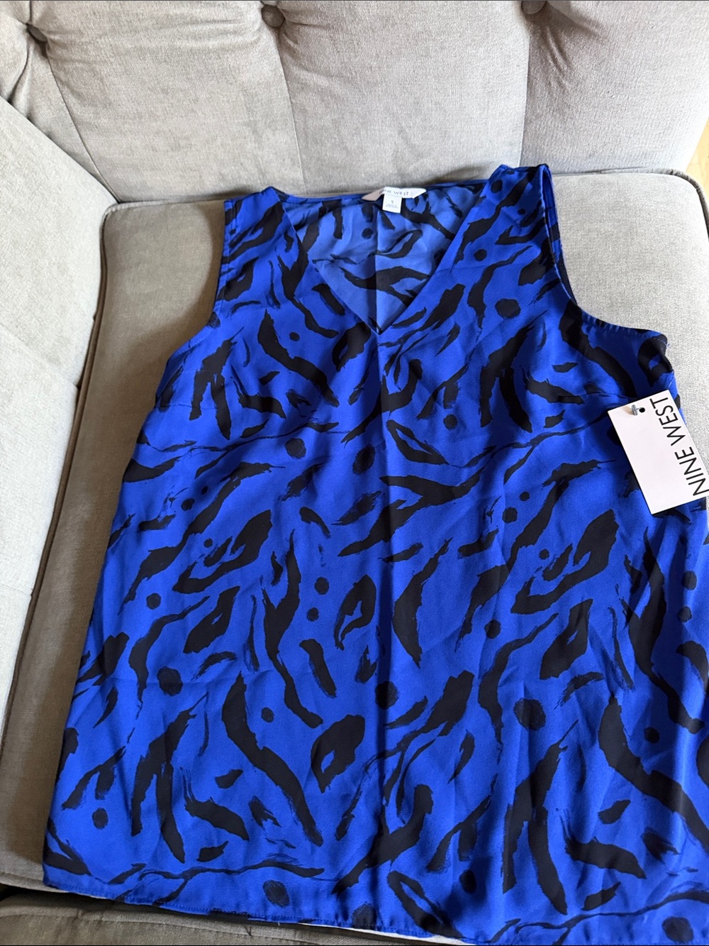 Nine West Blue and Black Abstract Sleeveless Blouse
